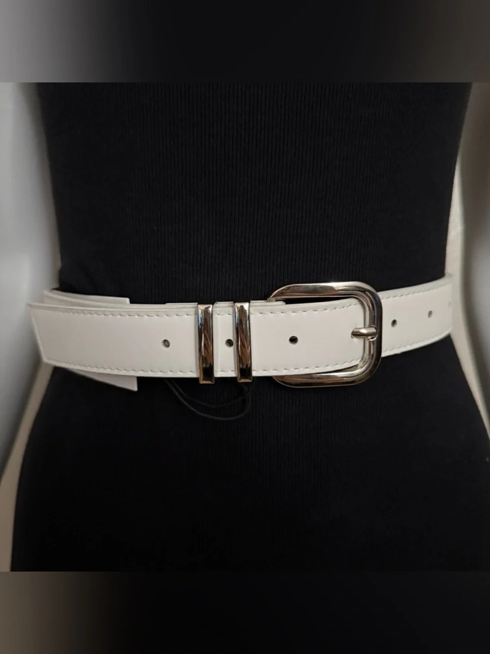 White PU leather silver tone square buckle minimalist style belt